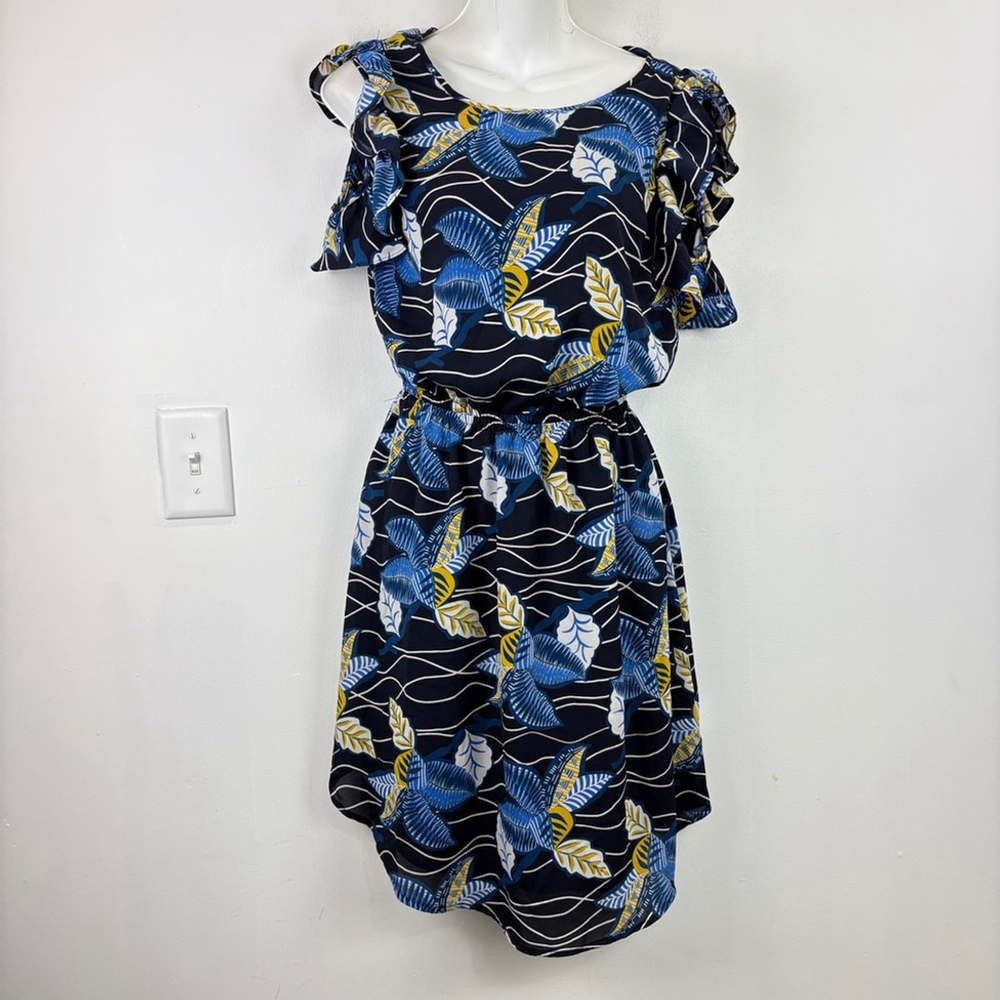 RW&CO. Blue and Yellow Ruffled Floral Wrap Sundress
